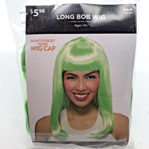 Green Halloween Wig Cosplay Party Costume OSFM Long  Bob With Bangs Hair NIP - Picture 1 of 6